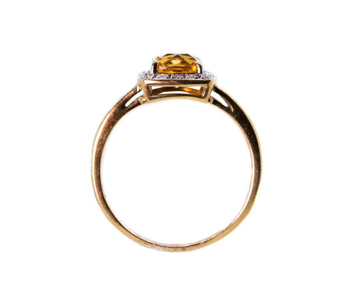 Cushion cut Citrine and Diamond Cluster Ring in 9ct Yellow
