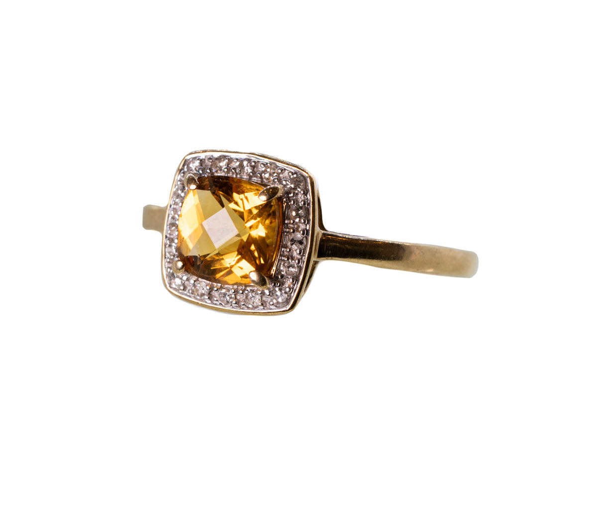 Cushion cut Citrine and Diamond Cluster Ring in 9ct Yellow