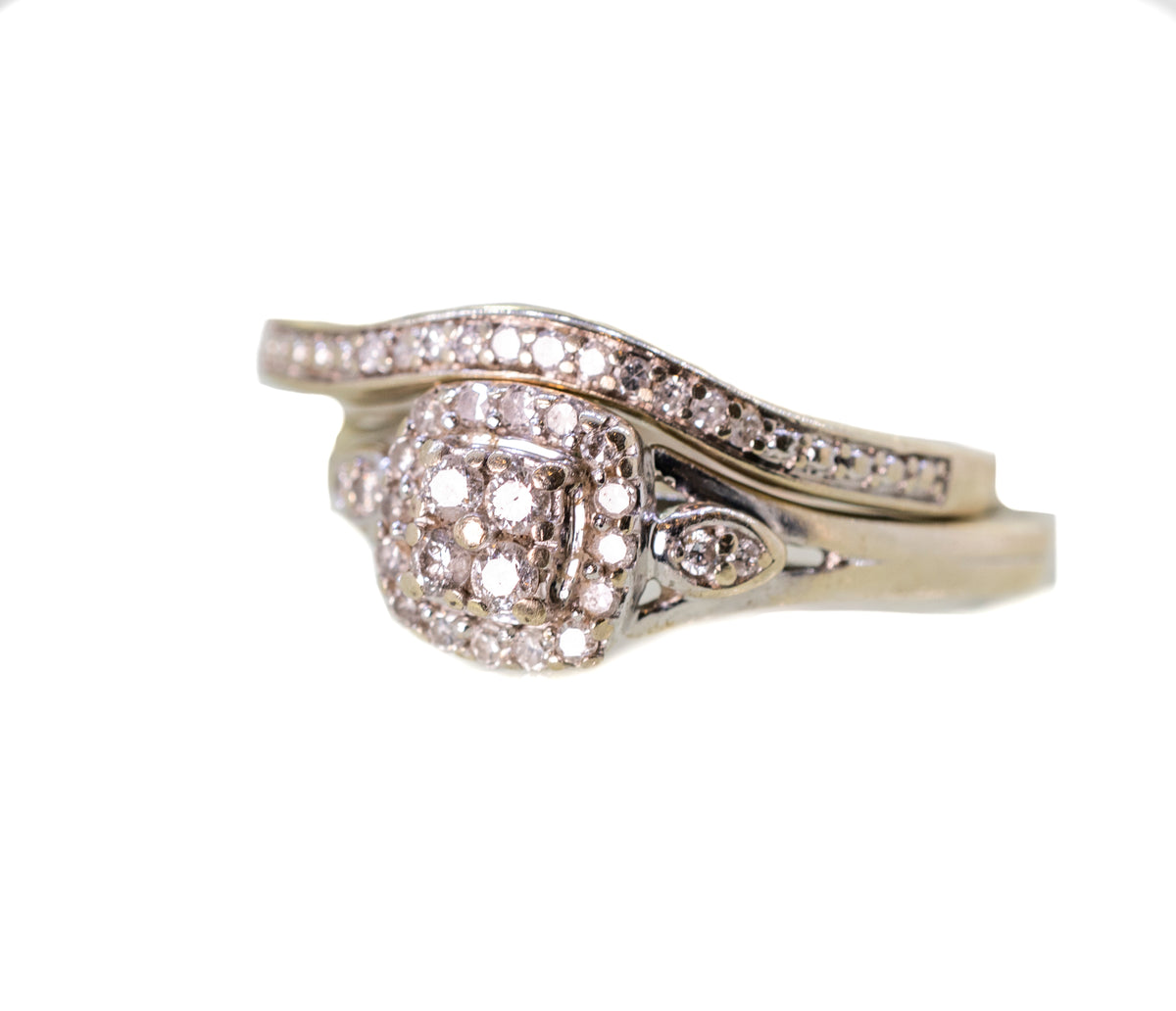 9ct White Gold Square Set Diamond Ring with Diamond Band