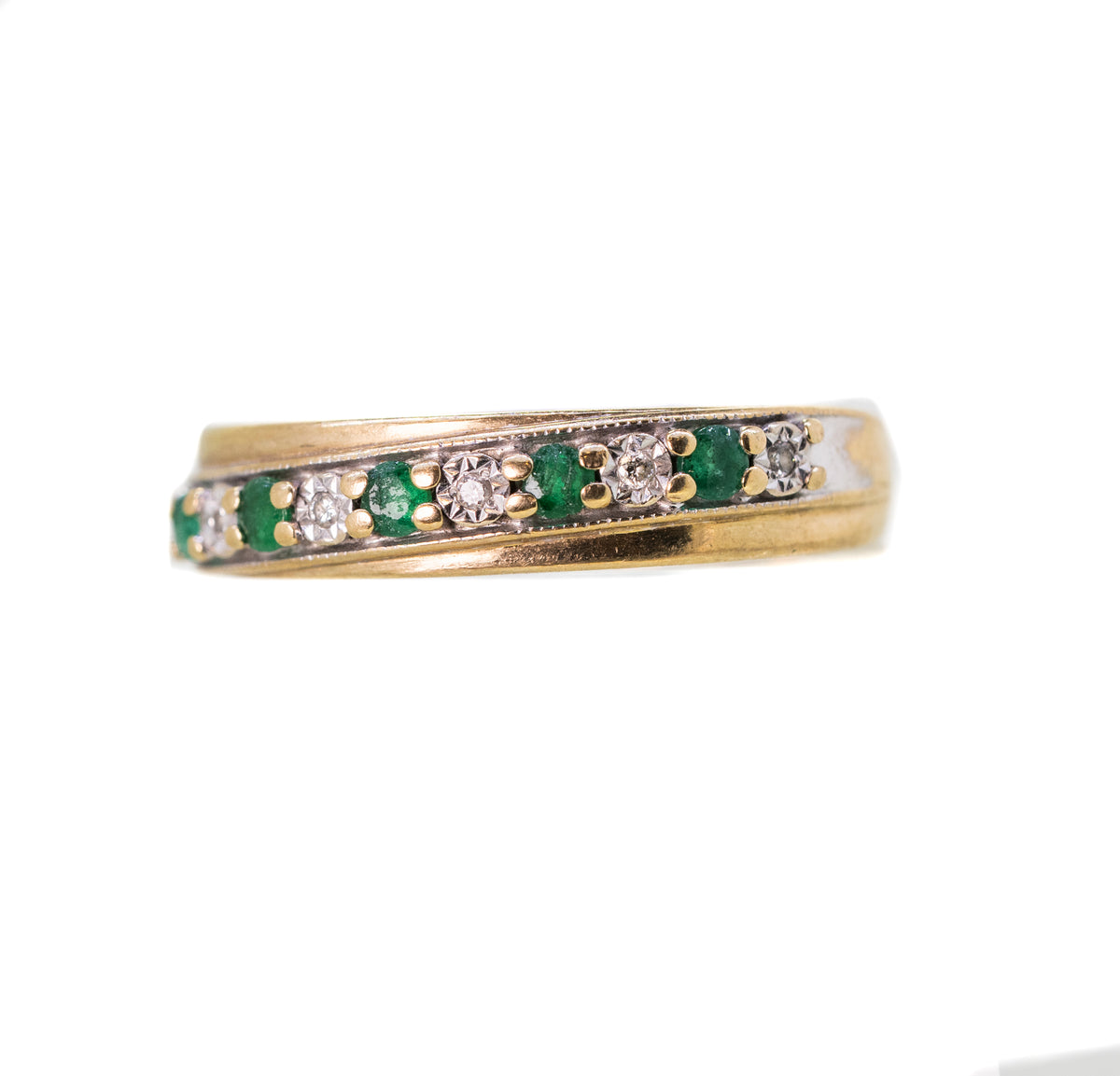 9ct Yellow Gold Emerald and Diamond Cross Over Ring