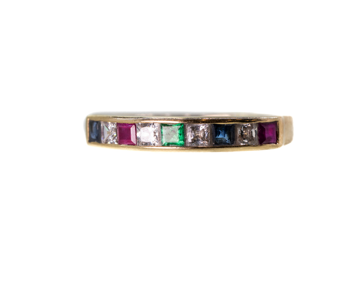 Ruby, Sapphire, Emerald and Diamond Half Eternity Ring