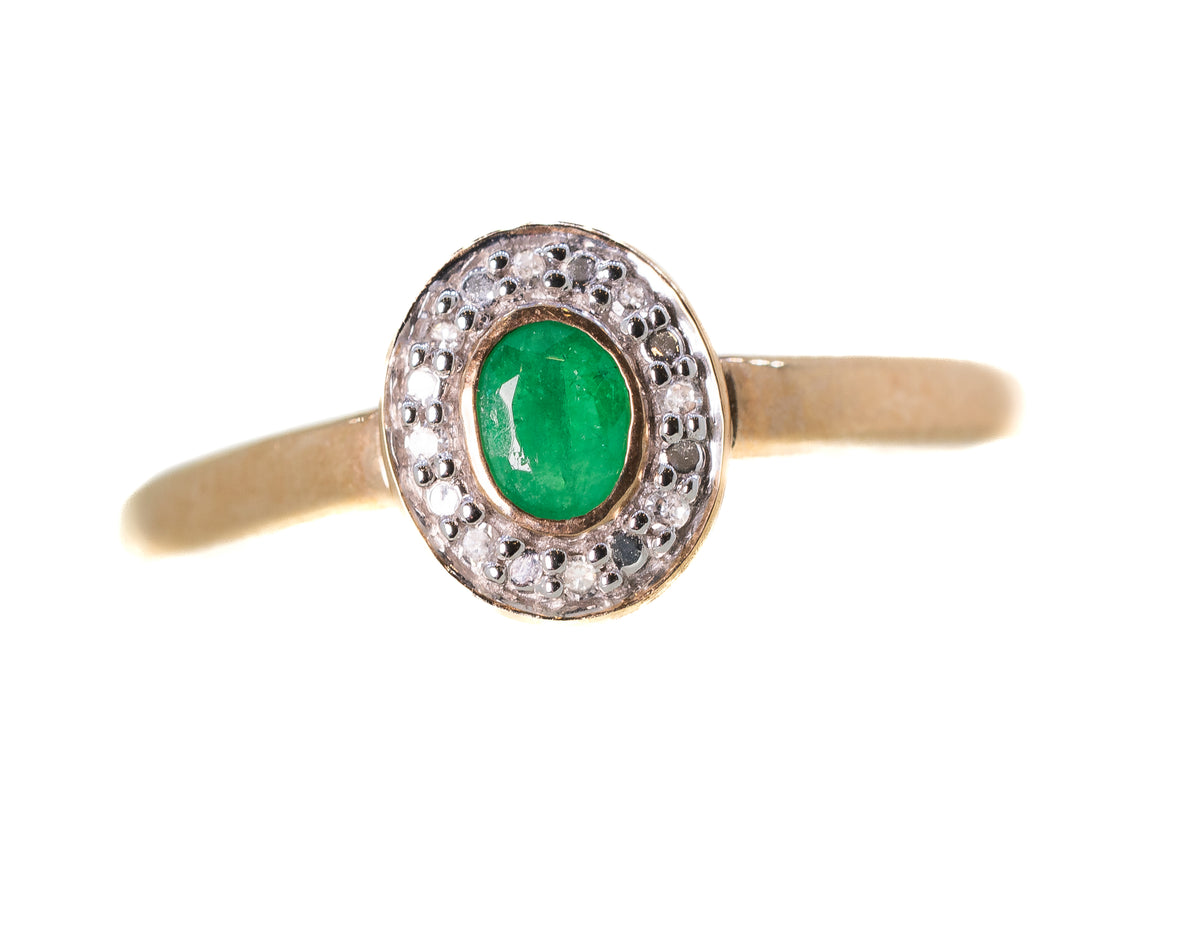 9ct Yellow Gold with an Emerald and Diamond Halo