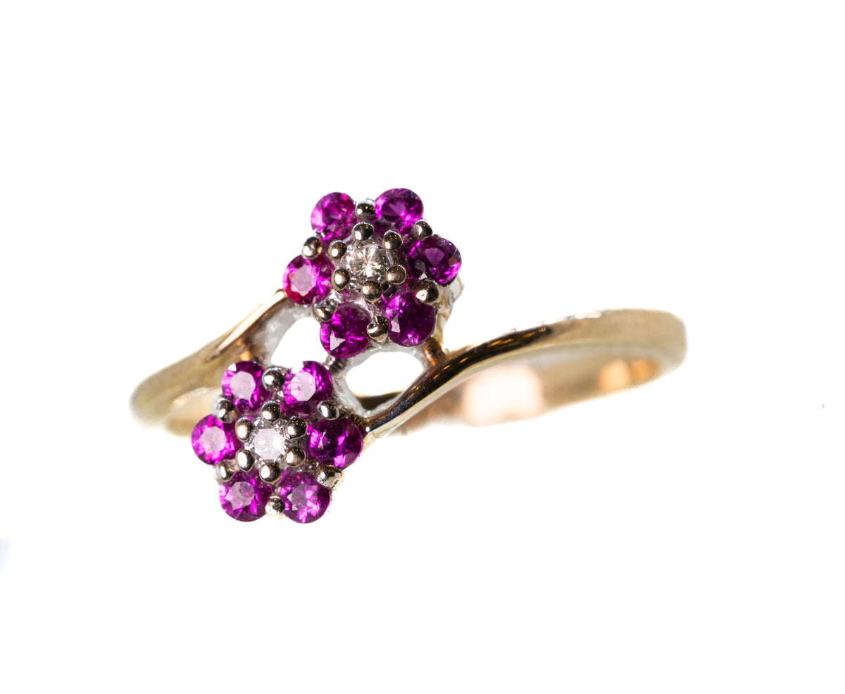 Ruby and Diamond Flower 9ct Yellow Gold Ring