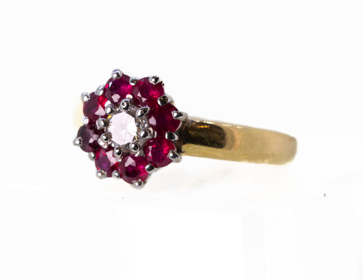 Ruby Cluster Ring with a Central Diamond