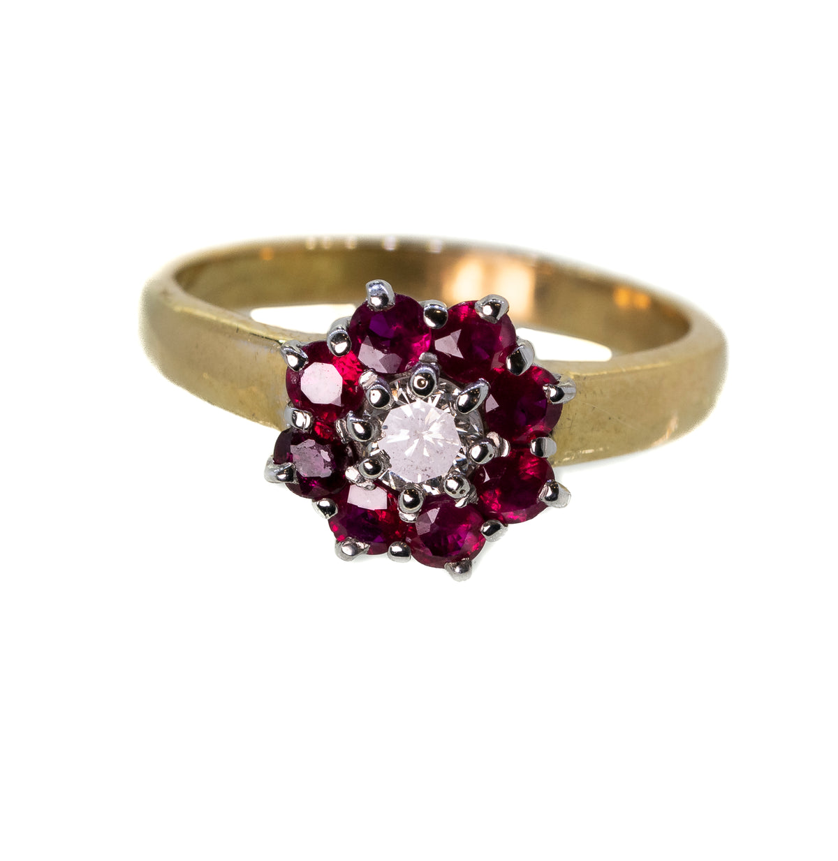 Ruby Cluster Ring with a Central Diamond