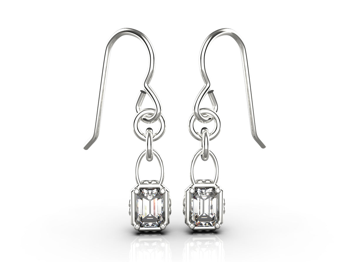 2 x 0.5ct Emerald Cut Heart Detail Drop Earrings (EAR-021)